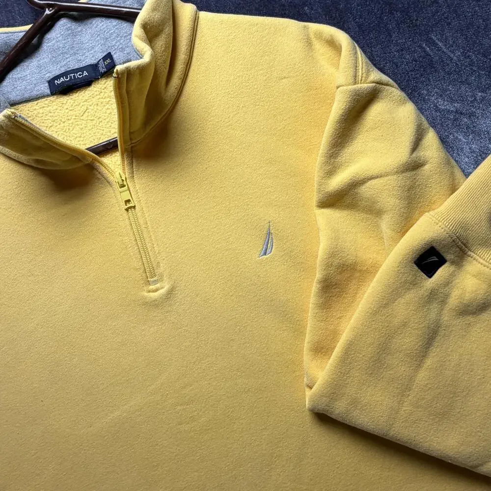 Nautica Sweatshirt Mens 2XL Yellow 1/4 Zip Fleece Pullover Logo Mock Neck
